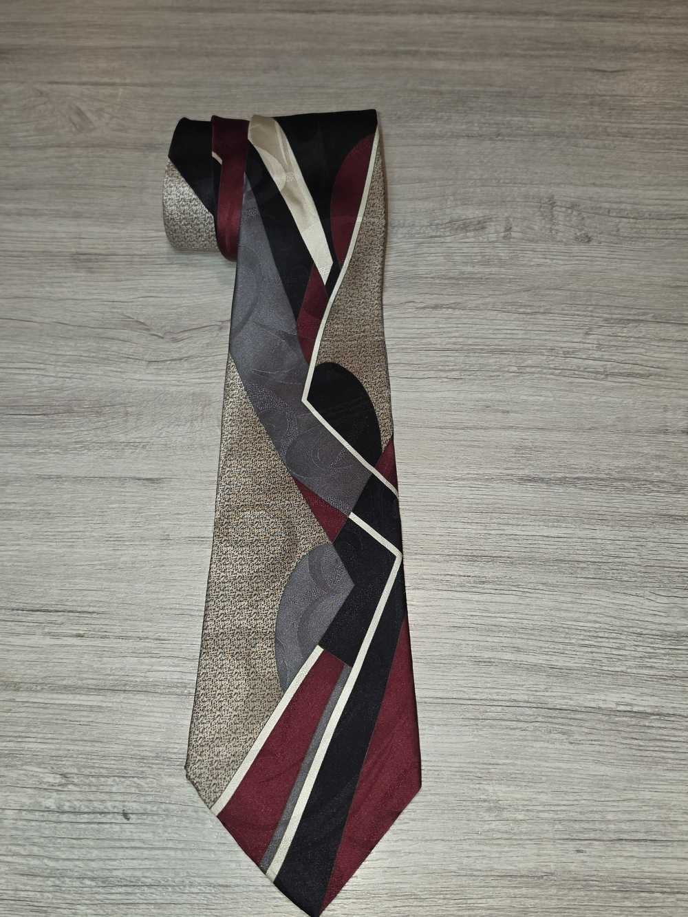 Vintage Oleg Cassini Necktie Men's Abstract 100% Silk Red, Tan, Gray, Black